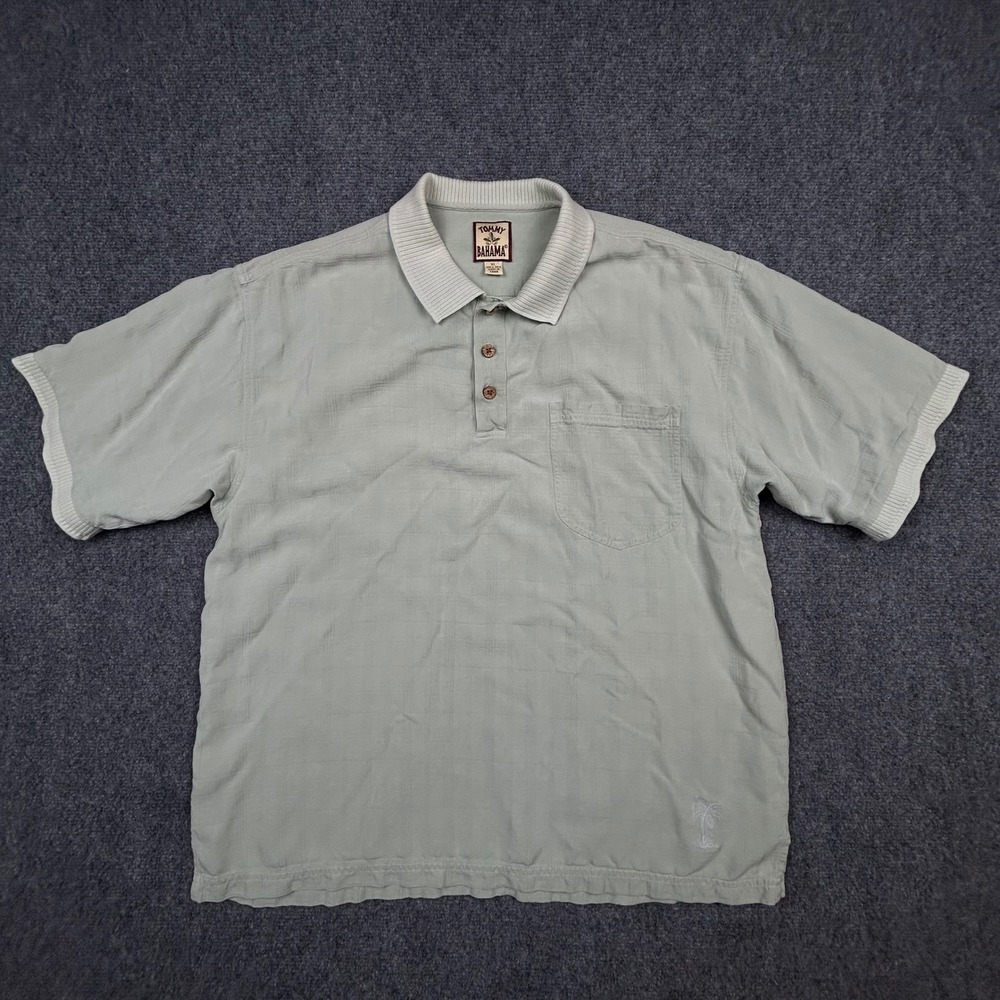 VTG Tommy Bahama Silk Polo Shirt Mens XL Sage Green Textured Grid‎ 90s Y2K Retro